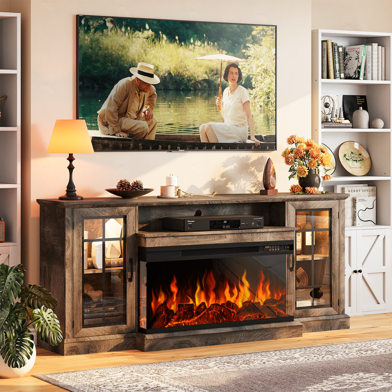 Fireplace Tv Stand With Electric Fireplace, Media Entertainment Center Console Table With Open Storage Shelves And Cabinets