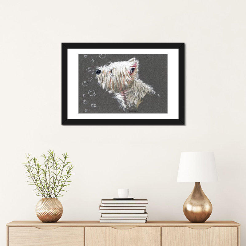 Westie Bubbles par Jennifer Redstreake - impression sur toile tendue, H 16 po x l 24 po x P 1 po, Papier d'art encadré noir