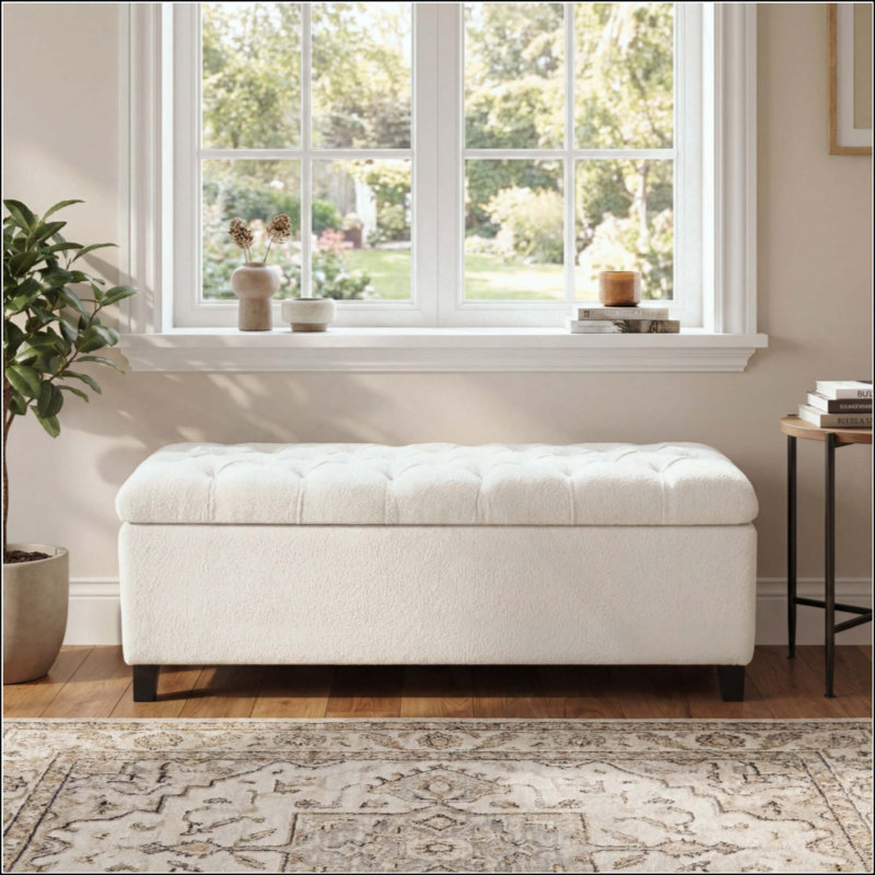 Banc repose-pieds avec rangement, surface bouclée, pieds en bois d'hévéa, capacité de 300 lb, Blanc