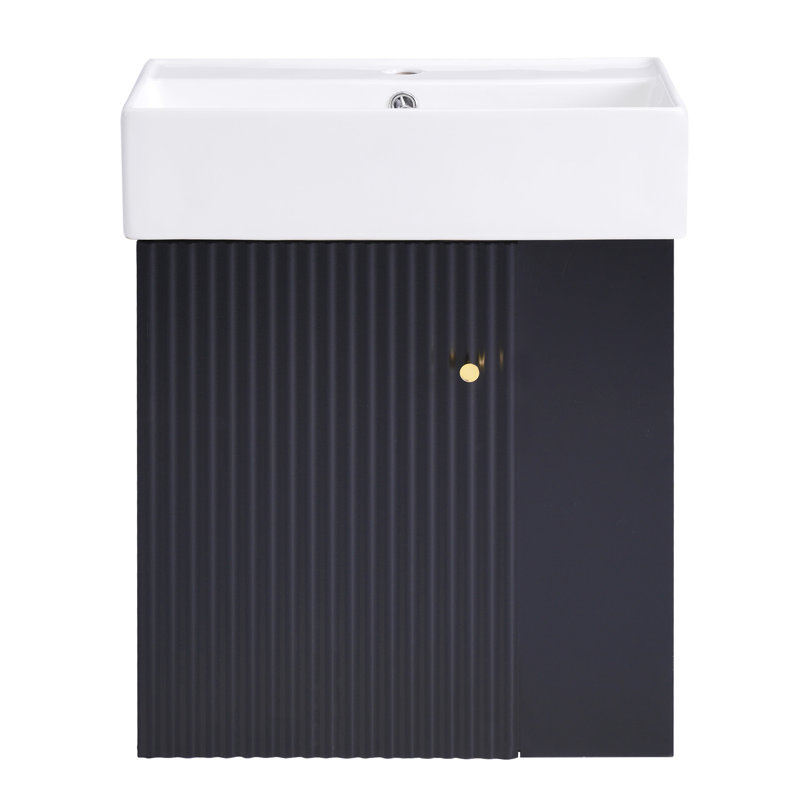 Modern Bathroom Vanity With Ceramic Basin And Wave-Patterned Door, Black