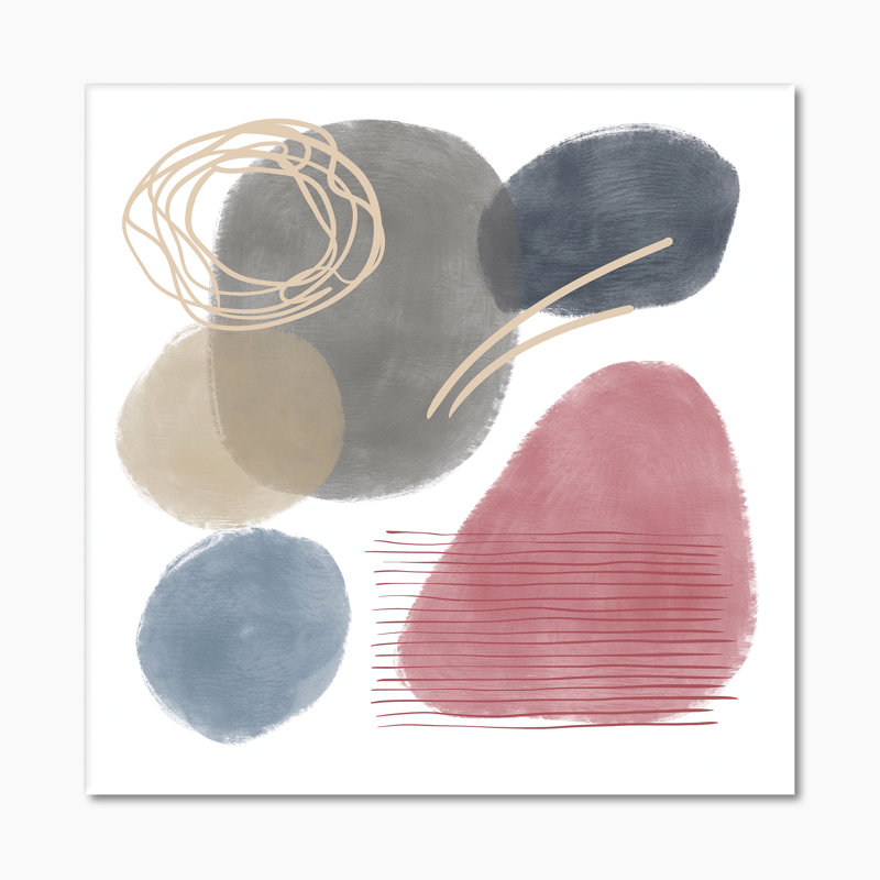 Éléments abstraits rouges, bleus et gris organiques - Peinture sur toile, H 36 po x l 36 po x P 1 po, Toile tendue