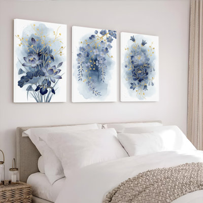 Ensemble de 3 reproductions d'art sur toile tendue à l'aquarelle bleue