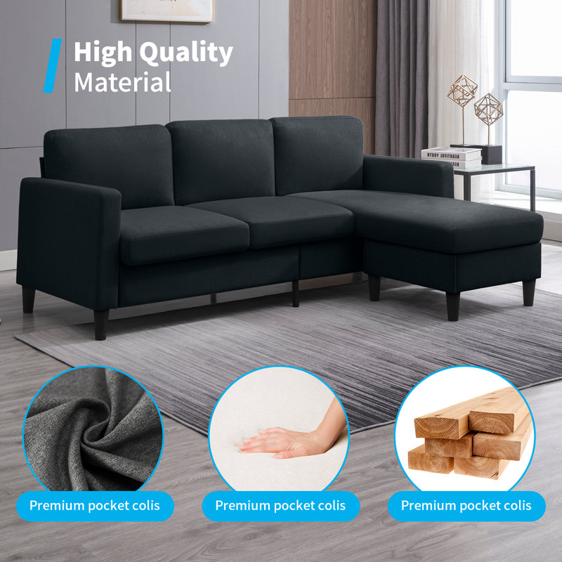 Ebern Sectional Sofa with Movable Ottoman, Small L Shaped Sectional Sofa with Storage Ottoman, Dark Grey Linen Blend