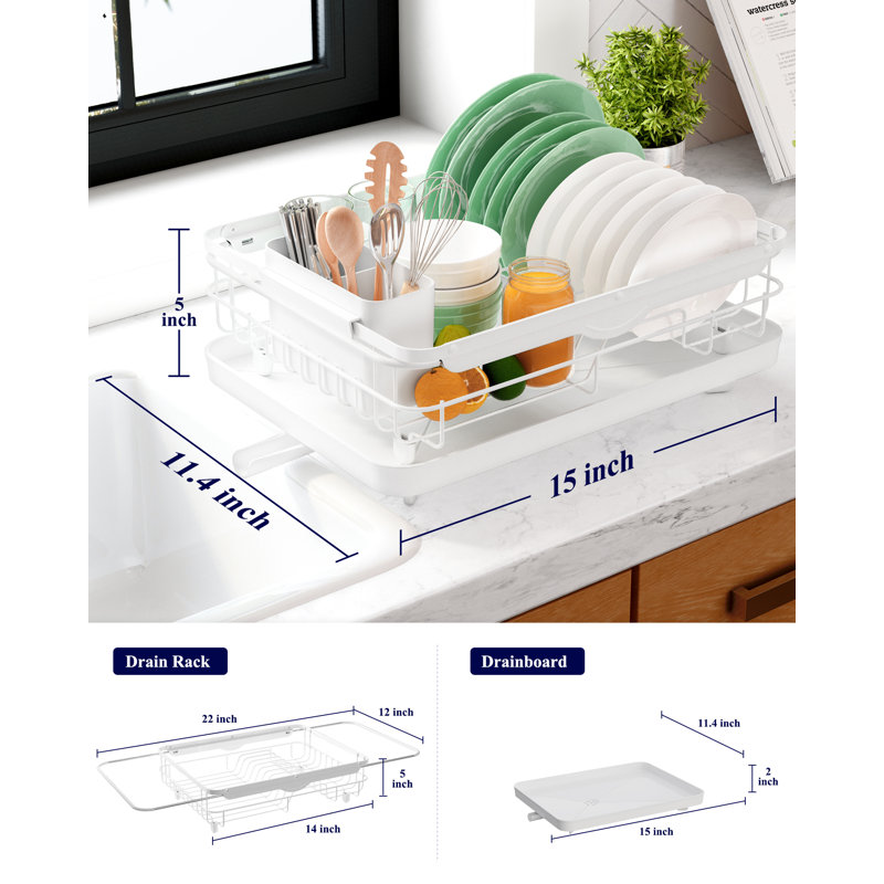 Dish Drying Rack for Kitchen Counter, Stainless Steel Sink Organization and Storage Essentials with Cutlery Holder, Home and Appartment Decor, 12.2''W x 15.7''~23''L, White