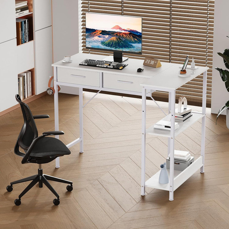 Bureau de jeu en L 40 po avec prise de courant - 3 tablettes, 2 tiroirs, crochet pour casque pour petits espaces, Blanc