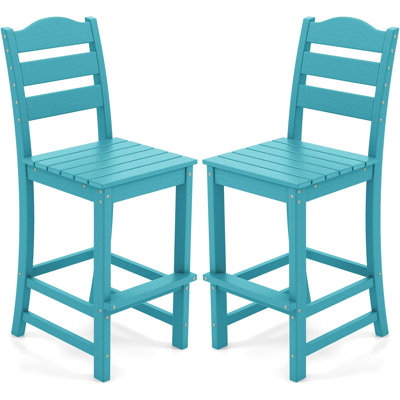 Set of 2 HDPE Bar Stool Patio Tall Chair Backrest Footrest All Weather Turquoise by Winston Porter