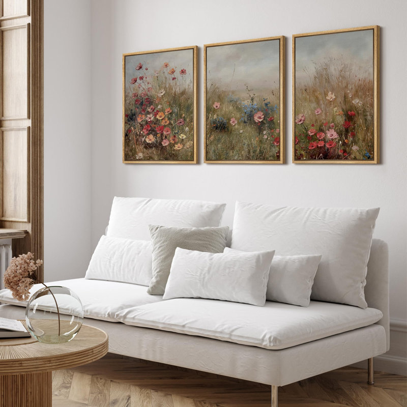 Pastoral Wildflower Fields Rustic Farmhouse Decor Artwork Wall Art Framed 3 Pieces Canvas Print, Naturel
