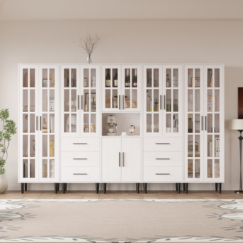 70.9'' H X 118'' W Book Cabinet Storage Bookcase Set, Bookshelf with Glass Door and Large Drawers, White