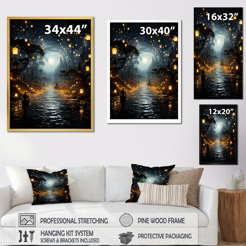 «Japon Art Sea of Lanterns II», reproduction sur toile, H 32 po x l 24 po x P 1 po, Cadre flottant noir
