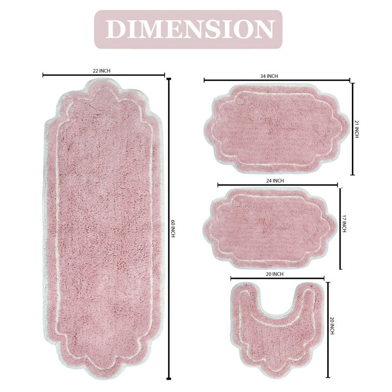 Dobrinsky 100% Cotton Bath Rug and Contour Mat, Machine Washable, Quick Dry, Absorbent - 4 Piece Set, Pink