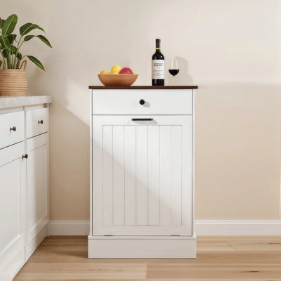Armoire à poubelle inclinable, armoire à poubelle en bois cachée avec tiroir, armoire à ordures autoportante pour la cuisine, armoire à linge de style campagnard 10 gallons pour la cuisine