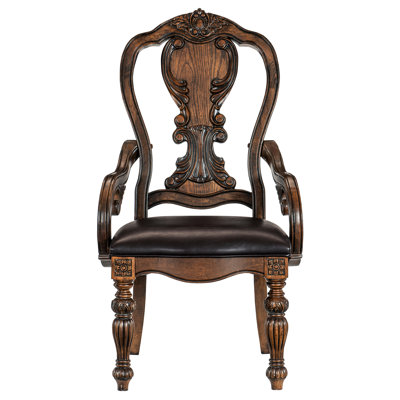 Traditional Dining Armchairs, Dark Oak Wood Frame, Faux Leather Upholstered, Decorative Pediments, 22.75" Package Width, 19.5" Seat Height Frame 80% , 20% Fabric, 250lbs Capacity
