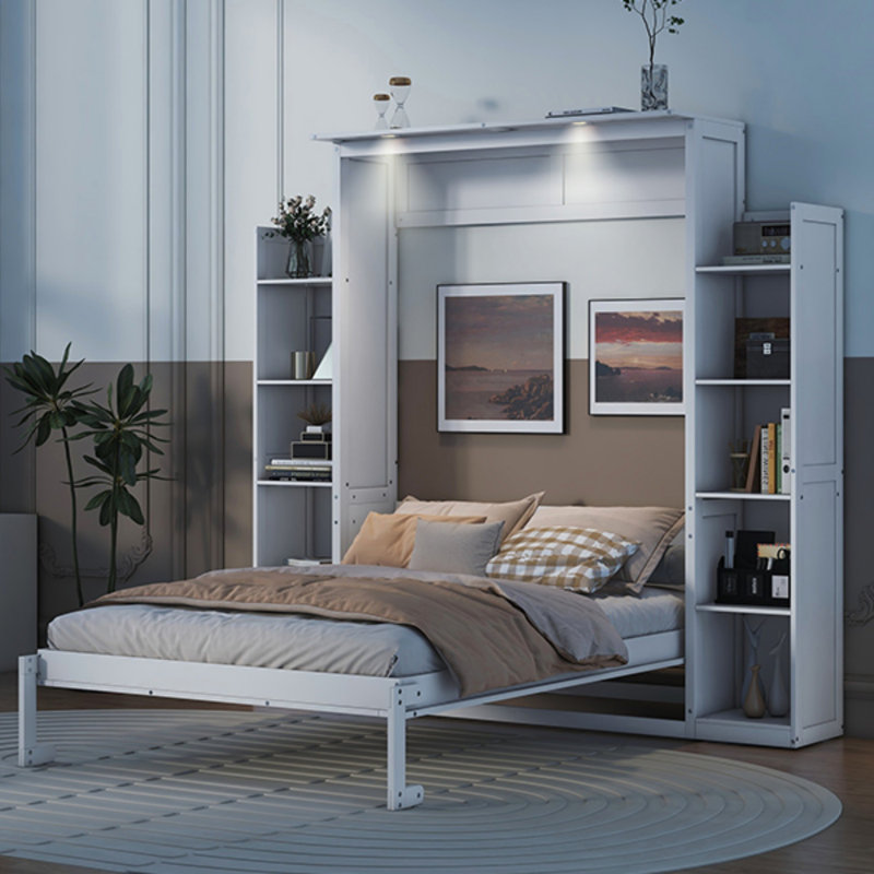 Lit escamotable double pleine grandeur avec tablettes, Lit double, Blanc