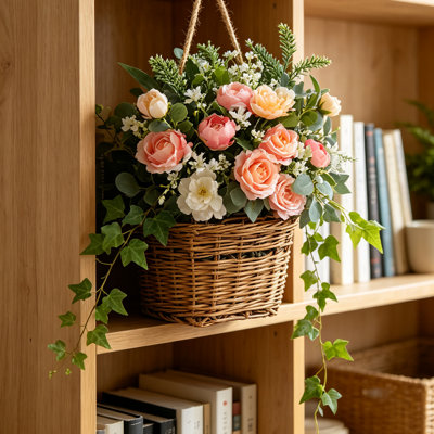 Artificial Hanging Flower Basket with Wicker Basket, 13" Faux Peony & Rose Arrangement, Fall Winter Holiday Front Door Decor, UV-Resistant Silk Floral for Porch, Patio, Thanksgiving, Christmas, Valentine's Day & Indoor Wall Display