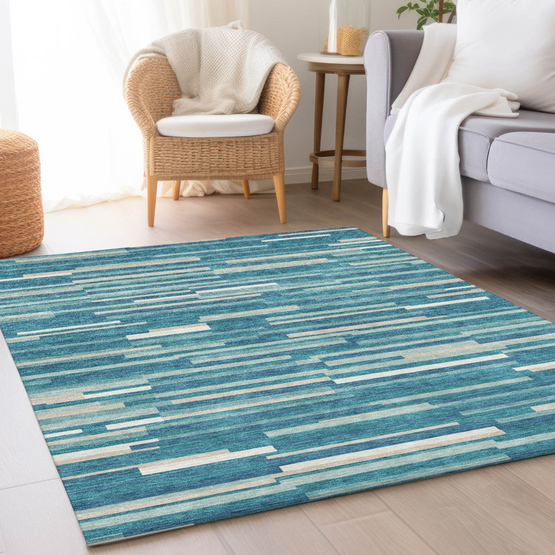 Tapis bleu sarcelle lavable à la machine Premium Prisco, Rectangle 10 pi x 14 pi