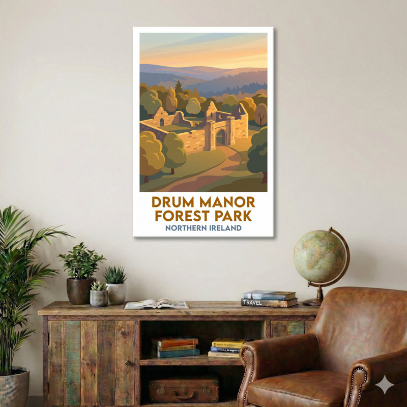 Drum Manor Forest Park, Northern Ireland - Romantic Woodland Ruins At Dusk (Travel Poster). Giclee Print On Wrapped Canvas. Wall Art, Home Decor - Parks & Gardens, Northern Ireland - Wrapped Canvas Print