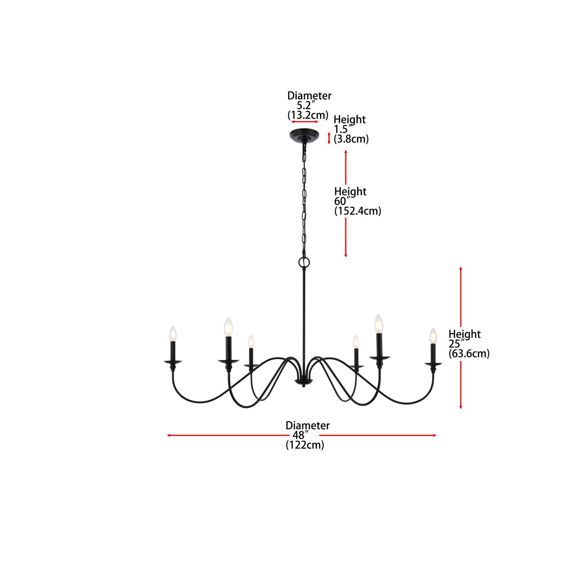 Ableton 6 - Light Candle Style Classic / Traditional Chandelier, Matte Black, 25" H x 48" W x 48" D