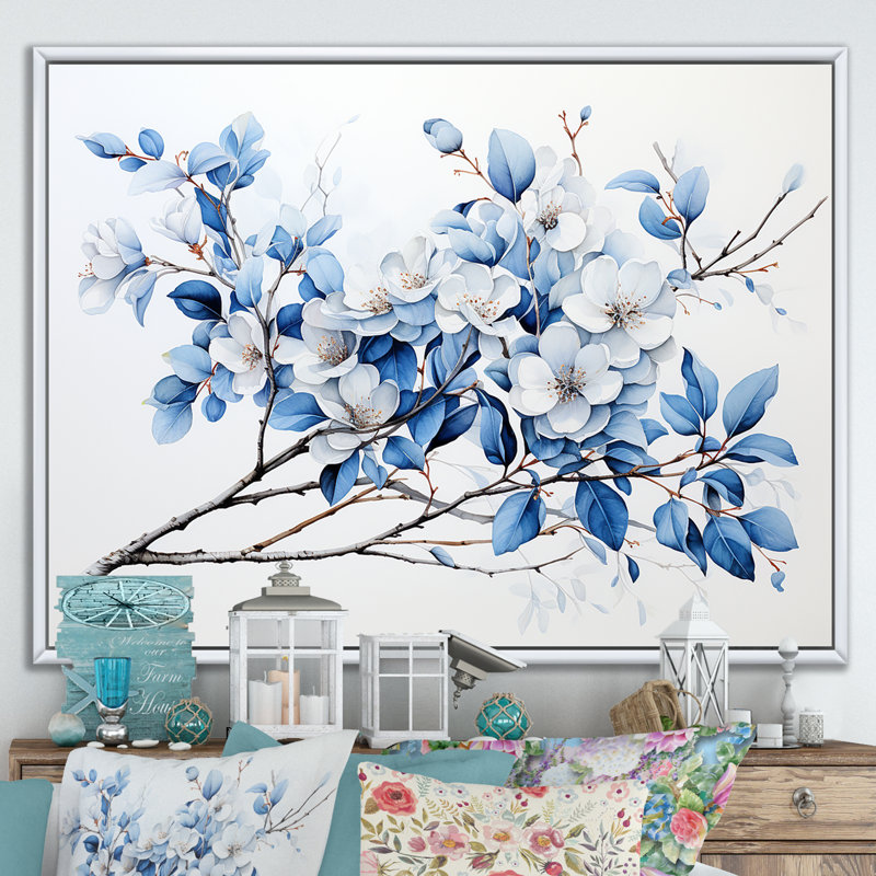 «Blue and Grey Leaves II», reproduction sur toile, Cadre flottant blanc, H 16 po x l 32 po