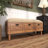 Wood Intricately Carved Floral Room Brown Storage Bench with Cream Burlap Top