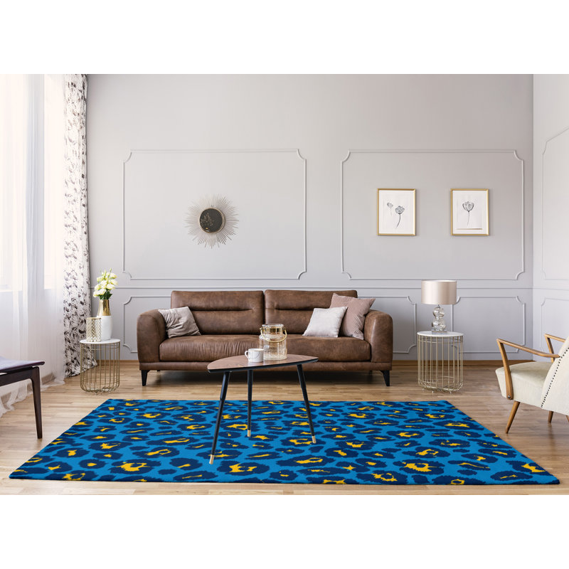 Tapis bleu / jaune à imprimé animal, Rectangle 9 pi x 12 pi