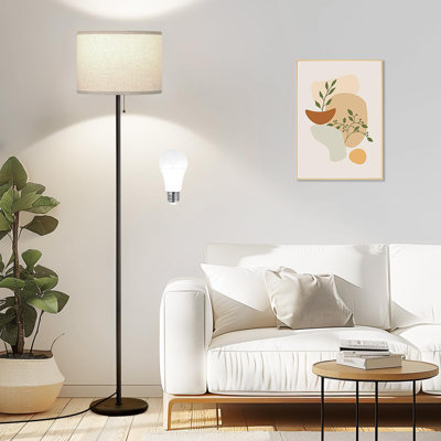 60" Modern Floor Lamp With 3 Color Temperature LED Bulb, Pull Chain Switch For Living Room, Bedroom (Beige Shade & Black Pole)