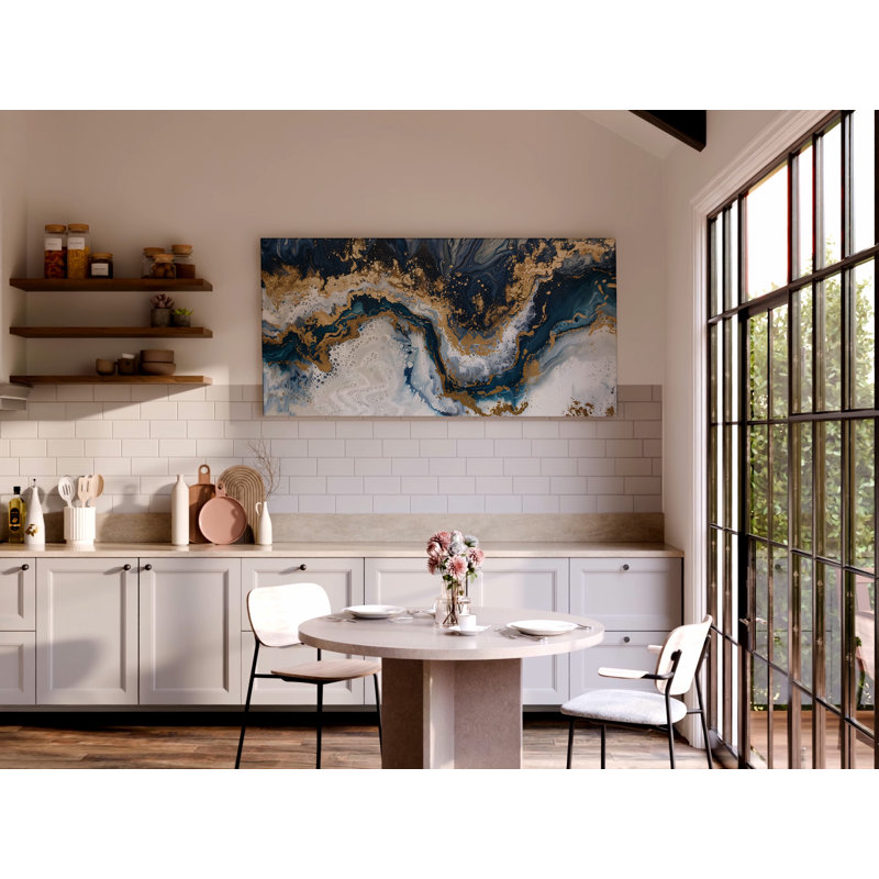 Géode abstraite, reproduction d'art sur toile ou marbre doré et bleu, Toile tendue, H 30 po x l 60 po