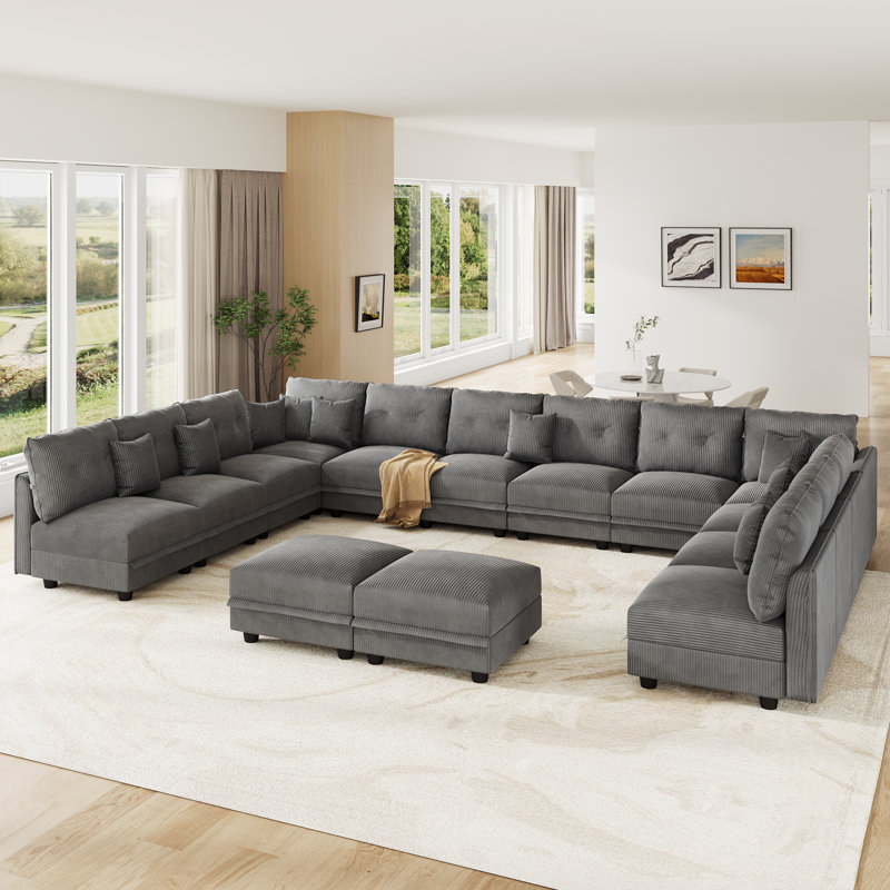 14 Seat Corduroy Convertible Modular Sectional Sofa With Storage, 12 Back Cushion 12 Throw Pillow, Gray Corduroy