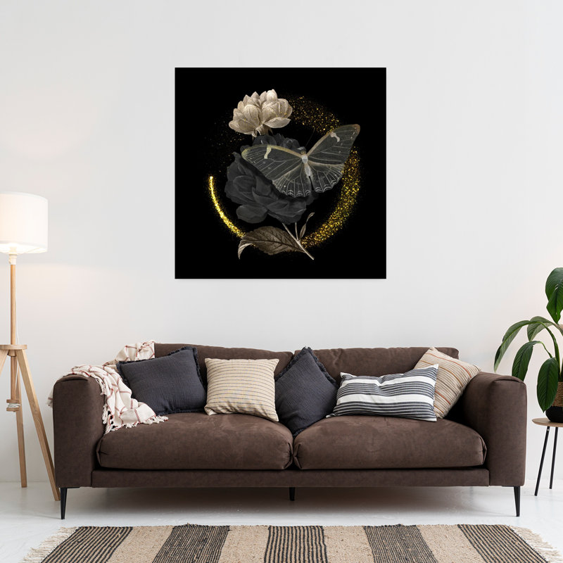 Or sur fond noir classique élégant rétro avec fleur rose papillon, H 36 po x l 36 po