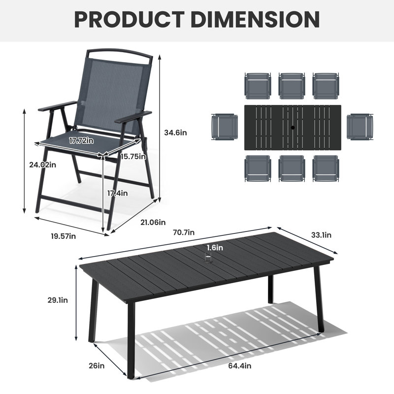  8 - Person Metal Patio Diining Set With Foldable Chairs And Umbrella Hole, Gray, Black