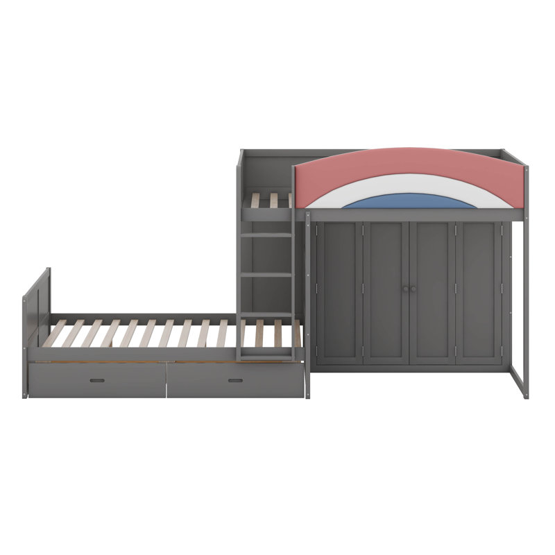 Full Over Full Bunk Bed With 2 Drawers, Solid Wood Bunk Bed With Wardrobe, Built-In Hanging Rod And Upholstered Guardrail, Offset Floor Bunk Bed
