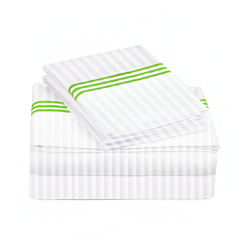 400TC Triple Embroidery Sateen Stripe Cotton 4 Piece Sheet Set Fitted Sheet Fits Upto 16" Deep Pocket, Parrot Green Border