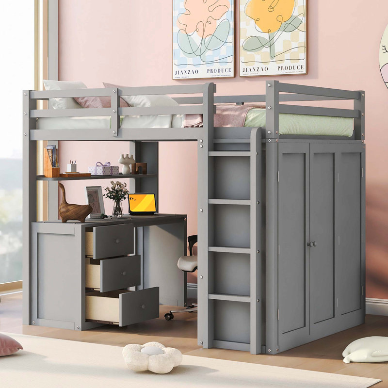 Lit mezzanine avec tiroirs, bureau et garde-robe, Gris