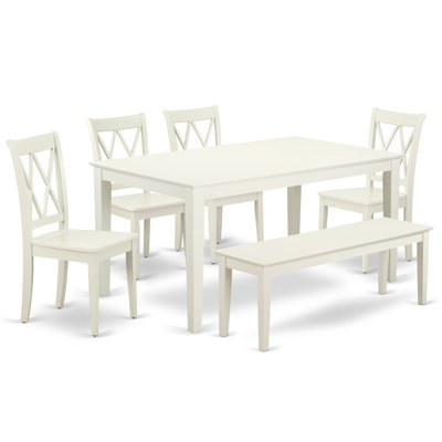 L'ensemble de table de cuisine 6 pièces contient une table de salle à manger rectangulaire et 4 chaises avec banc, lin blanc
