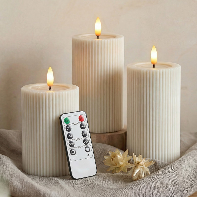 Fluted Ribbed LED Pillar Candles, with Reflective Melted-Wax Effect – Flickering Flame, Remote, Dimmable, Flameless, Battery Operated, Home & Wedding Decor (Set of 3)