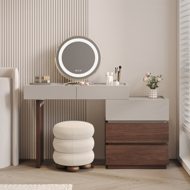 Modern 360° Rotating Makeup Vanity With 5 Drawers, Vanity Table With High Edge, Convertible L-Shaped/ Rectangular Dressing Table With Painted Mdf Top
