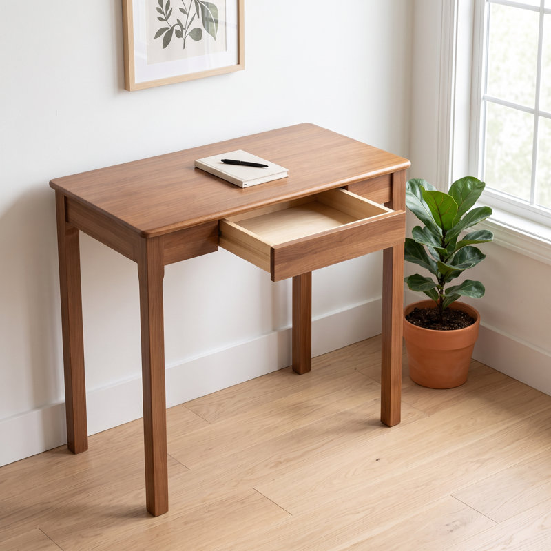 Bureau compact avec tiroir de rangement - Table d'écriture moderne en noyer pour petits espaces de travail à domicile