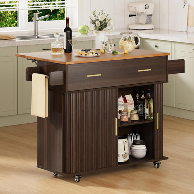 Mid-Century Modern 39" Kitchen Island with Drop Leaf, Mobile Kitchen Cart with Fluted Slide Door & Drawer