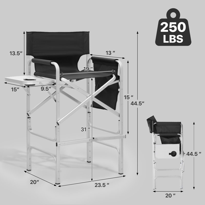 31" Seat Height Tall Folding Camping Chair Directors Chair Foldable Bar Stool with Cup Holder, 250 lbs Capacity, Black