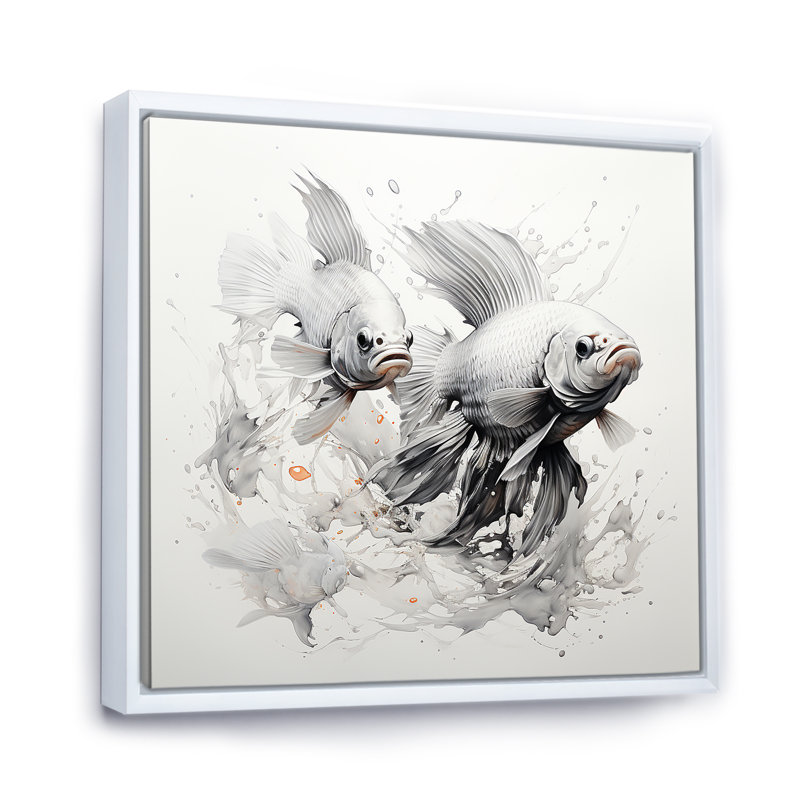 «Black and White Fish Ocean Dance I», art mural animaux, Cadre flottant blanc, H 30 po x l 30 po x P 1,5 po