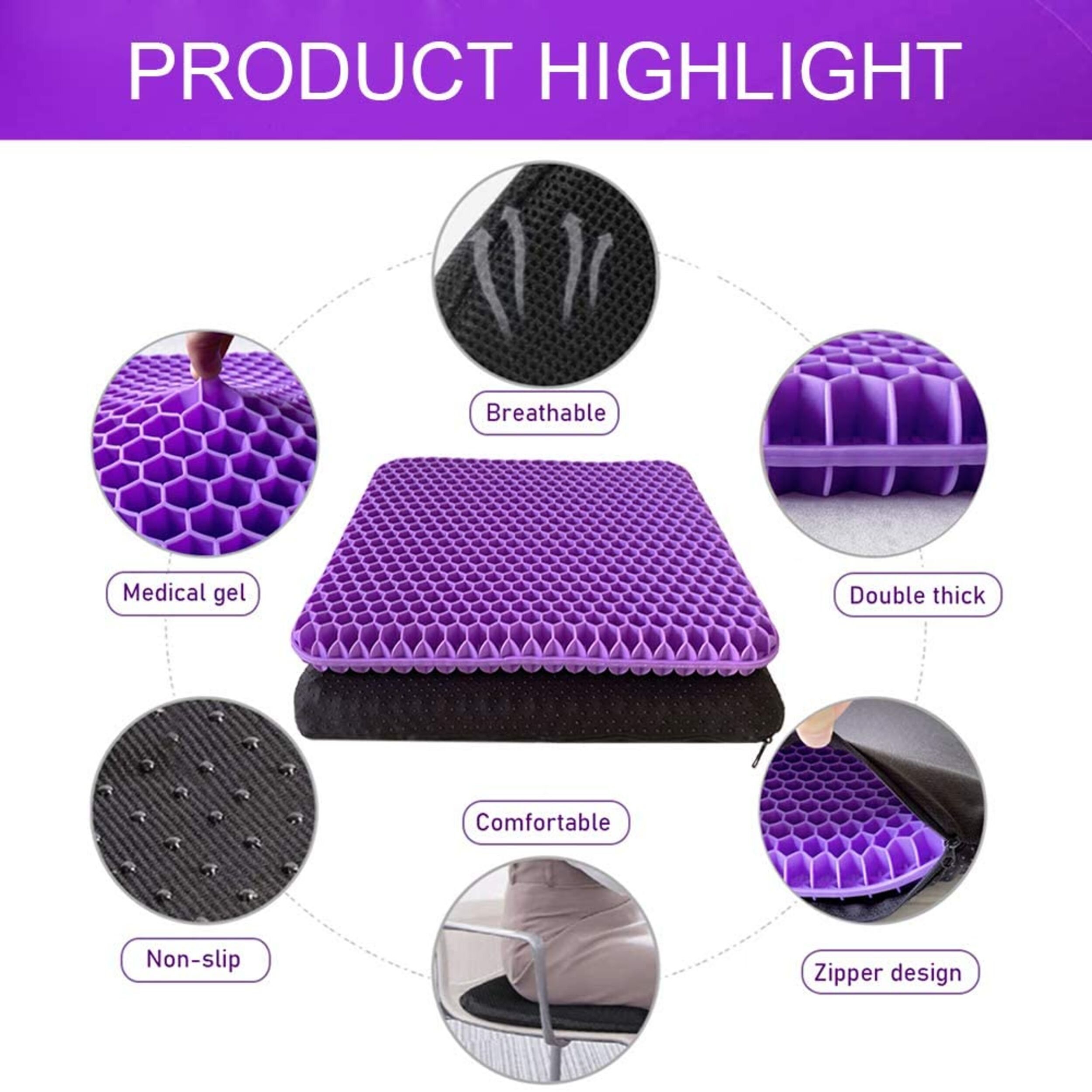 Purple Thickening Gel Seat Cushion Breathable Honeycomb For Cool