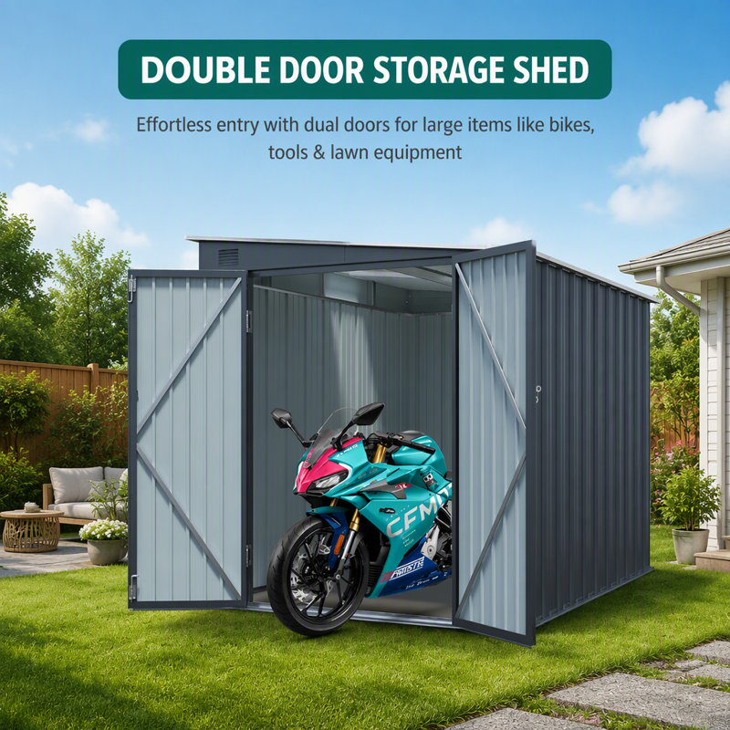 Remise de rangement extérieure en acier galvanisé de 6 x 8 pi avec portes doubles verrouillables, inclinée en métal pour outils et vélos (sans plancher)
