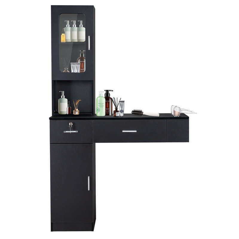 Wall Mount Barber Salon Stations With A Storage Cabinet, 2 Drawers And A 3 Tier Shelf, Black