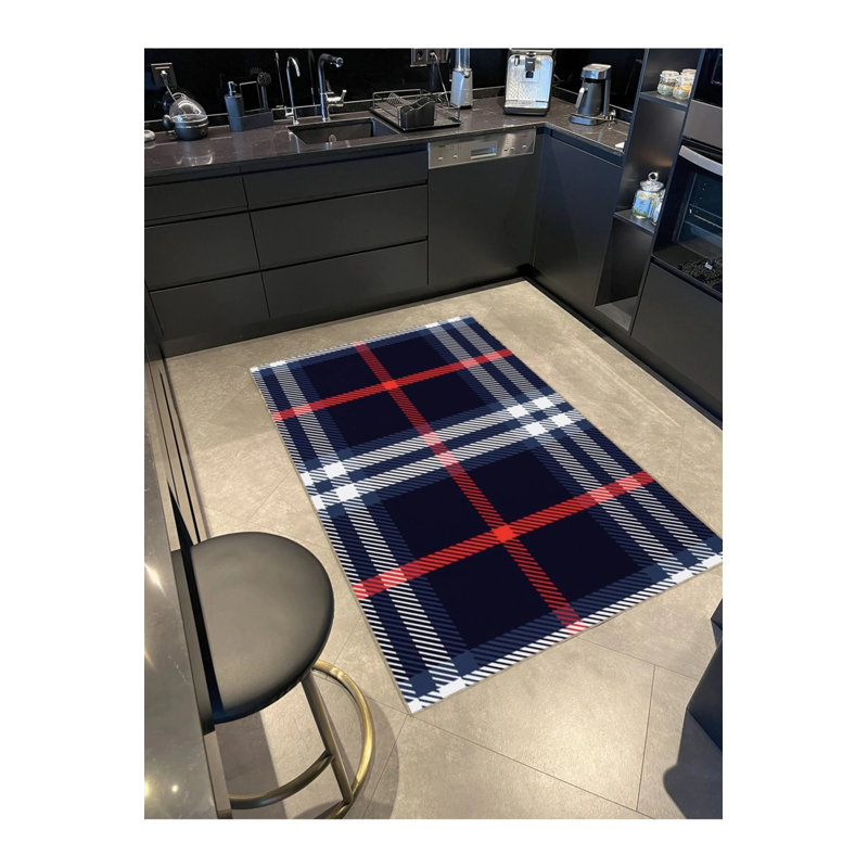 Tapis décoratif moderne à motif géométrique rayé bleu marine, Rectangle 2 pi 4 po x 4 pi