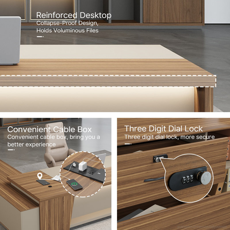 Bureau de direction ergonomique moderne en L Achilles Luxury avec rangement intégré et gestion de l'alimentation