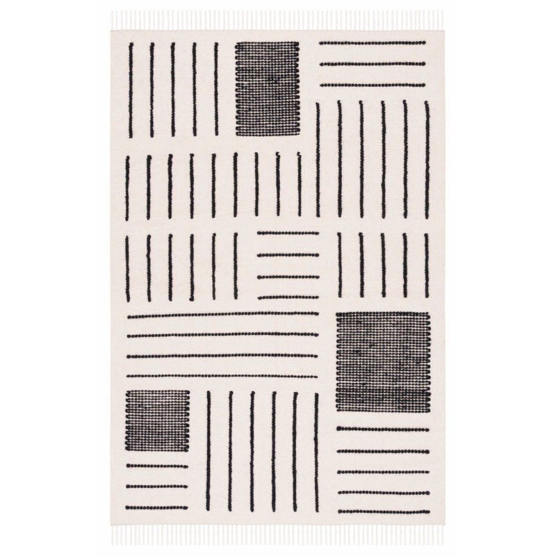 Geometric Handmade Kilim Wool/Cotton Area Rug in Ivory/Black, Rectangle 3' x 5'
