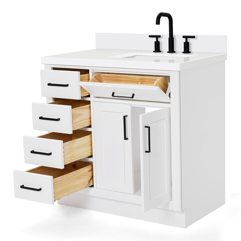Tidworth 36'' Solid Wood Single Bathroom Vanity with 1.5'' Quartz Top, White, Right, Rectangular