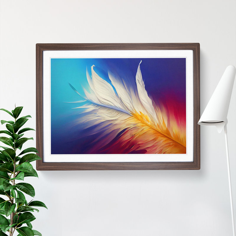 Harmonious Bird Feathers - Single Picture Frame Print, 46cm H x 64cm W x 2cm D, Walnut