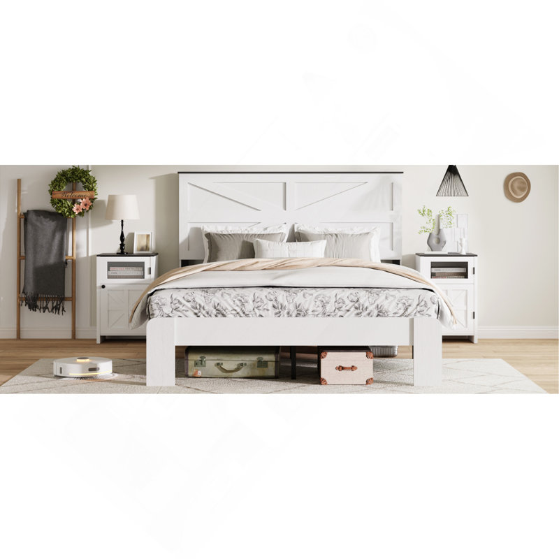 Queen Size Wood Platform Bed Frame with Headboard, Large Under-Bed Storage, Noise-Free, No Box Spring, White, Queen