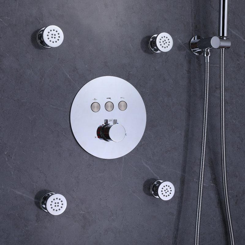 Multifunctional Complete Shower System Wall Mount Rain Shower Head with Body Jets & Rough-In Valve, Chrome