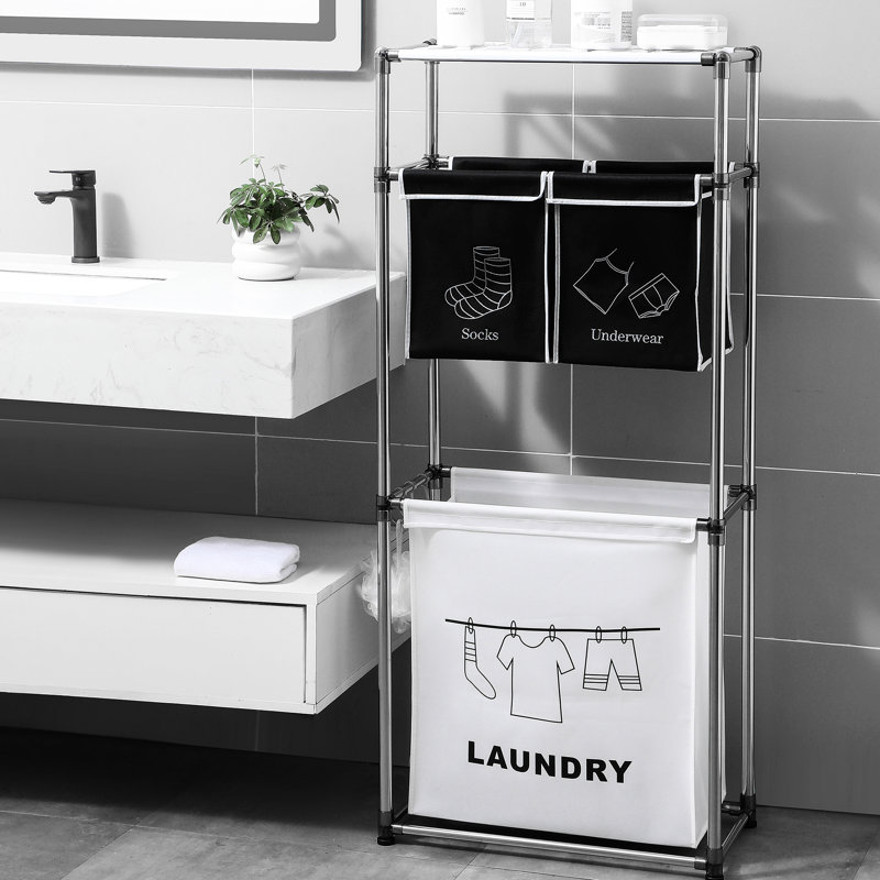 Laundry Basket With Wide Shelves, 3 Tier Sorter, Waterproof , Iron Frame, Black White 4 Rolling Wheels Basket, Mobility Aid